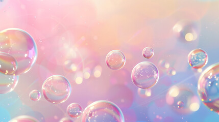 A soft pastel background with many iridescent soap bubbles floating in the air in various sizes and positions