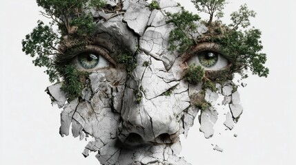 cracked human face with plants growing out of it, blending nature and humanity, central focus with white backdrop