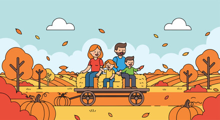 Adobe illustrator artwork vector illustration of a farm family on a tractor hayride. Father, Mother and child enjoying an autumn harvest festival in the countryside. Rural seasonal activity concept. © Amie
