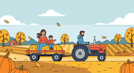 Adobe illustrator artwork vector illustration of a farm family on a tractor hayride. Father, Mother and child enjoying an autumn harvest festival in the countryside. Rural seasonal activity concept. © Amie
