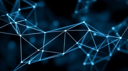 A complex network of interconnected lines and dots against a dark background, with a blue hue and a blurred effect, creating a sense of depth and dimension.