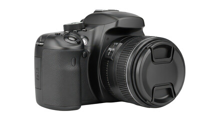 Black dslr camera with lens cap isolated on transparent background