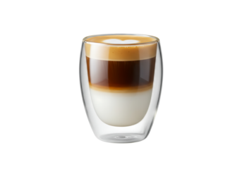 Delicious latte macchiato served in a double walled glass Isolated on transparent background