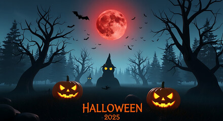 Halloween scene with pumpkins, bats, red moon, and silhouetted figures in a forest