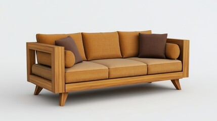 Tan couch with wooden legs and brown cushion