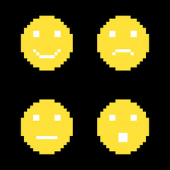 Emoji icons, Pixel emoticons, Pixel art Yellow emoji faces with different expressions on black backgound, 8-Bit Smileys Set, Retro Emotion Icons, Pixelated Facial Expression Graphics, Pixel art.
