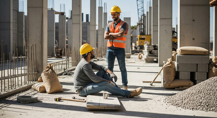 Fototapeta premium Construction workers taking a break at building site with safety gear