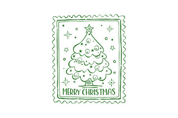 Merry Christmas Tree Stamp – Minimal Line Art Holiday Tree Illustration Design