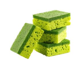 Stack of green and yellow sponges isolated on transparent background, png