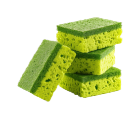 Stack of green and yellow sponges isolated on transparent background, png