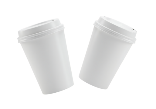 Two white disposable coffee cups with lids Isolated on transparent background