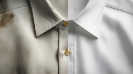 Close-up of a white shirt split vertically in half. On the left side, the shirt is stained with visible dirt or stain, while the right side is perfectly clean and immaculate. 