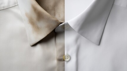 Close-up of a white shirt split vertically in half. On the left side, the shirt is stained with visible dirt or stain, while the right side is perfectly clean and immaculate. 