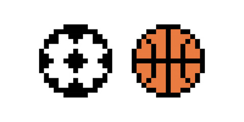 Sport Balls icons, Pixelated illustration of a soccer ball and basketball side by side, Retro Pixel Sports Icons, Minimalist 8-Bit Sports Graphics, Classic Digital Sports Pixel Art Design, Pixel art.
