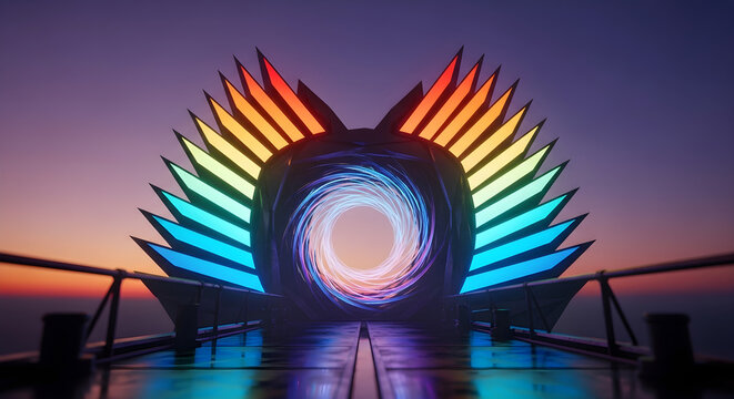 Futuristic Winged Structure with a Swirling Luminous Portal and Rainbow LED Lights.