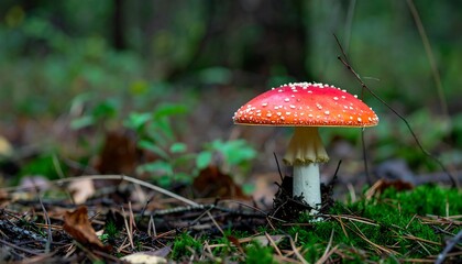Red toadstool in forest floor