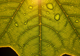 Intricate Macro of a Backlit Green Leaf with Water Droplets