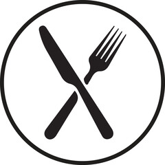 Simple black and white icon of crossed knife and fork inside a circle