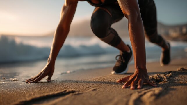 runner doing a block start on the beach, close up on legs and hands, sandy shoreline, ocean waves in the background, athletic wear, sunset lighting, dynamic pose