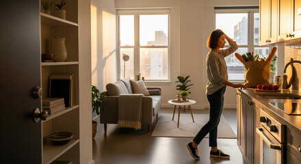 Young woman unpacking groceries in modern kitchen with living room view