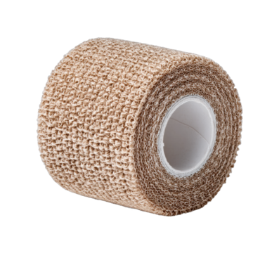 Beige elastic medical bandage roll for injury support and compression isolated on transparent background, png