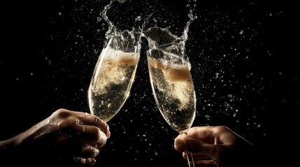 2 hands cheersing champagne flutes that are sparkling the champange splashes out, bright dramatic lighting, isolated on black