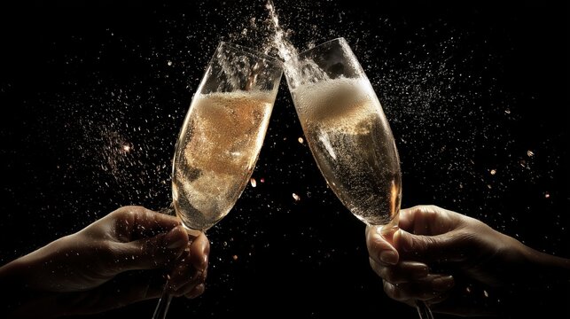 2 hands cheersing champagne flutes that are sparkling the champange splashes out, bright dramatic lighting, isolated on black