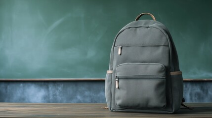 school backpack on a desk in front of an empty green chalkboard with natural daylight and soft colors. 
