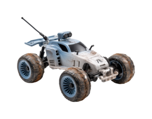 Off-road rc car with muddy wheels and blue accents isolated on transparent background, png