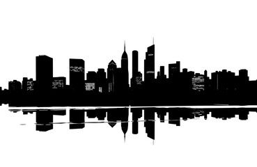 Black and white silhouette of a city skyline with reflections in the water