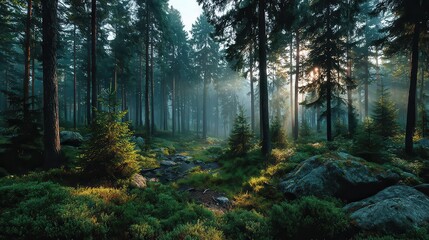 Obraz premium Enigmatic Forest Scene in Morning Fog with Sunlight Filtering through Majestic Tree Silhouettes Evoking Tranquility
