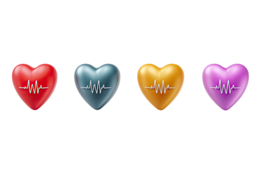 Four stylized hearts, each a different color, with a heartbeat graphic