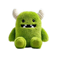 Cute green monster plush toy fun character soft texture isolated on transparent background, png