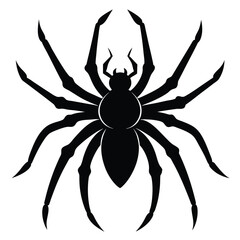 Silhouette of a Black Spider with Long Legs and Sharp Claws in a symmetrical design over a plain white background, entomology