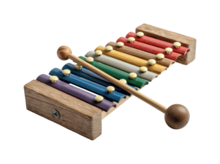Colorful wooden xylophone with mallets isolated on transparent background, png