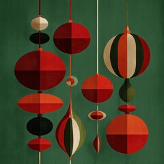 Dynamic Geometric Abstraction Inspired by Red Christmas Ornaments and Pine Cones Evoking Festive Cheer and Artistic Expression