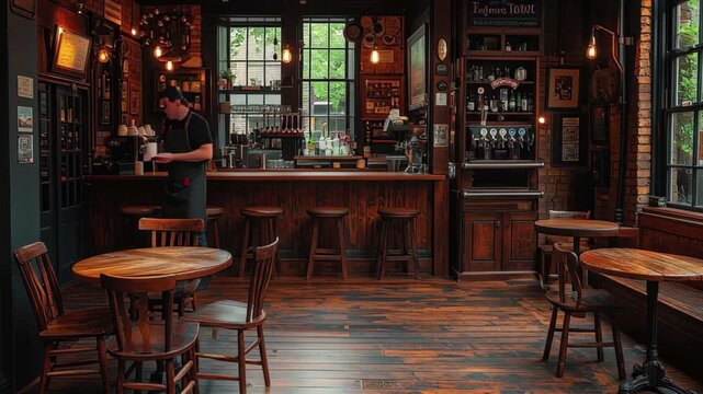 Cozy interior of a rustic cafe with wooden decor and warm lighting in an urban setting