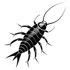 Monochrome Illustration of a Silverfish with Long Antennae and Segmented Body Design Showing Distinctive Features and Stylized Depiction of Insect Anatomy