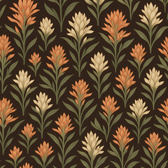 A seamless, vintage-inspired floral pattern with stylized orange and cream flowers and green leaves on a dark background.