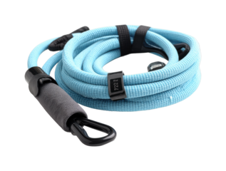 Sturdy blue adjustable dog leash with comfortable handle and strong clip for secure pet walks isolated on transparent background, png