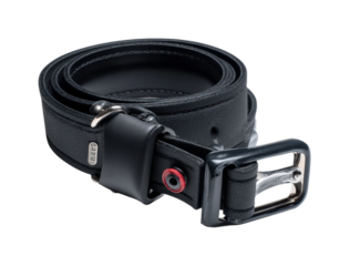 Black leather belt with silver buckle and red detail isolated on transparent background, png