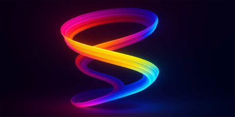 Colorful glowing lines in a dynamic ribbon shape illustrate an abstract wave of light, creating a vibrant, energetic wallpaper