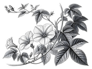 Detailed botanical illustration of morning glory flowers and leaves vine buds