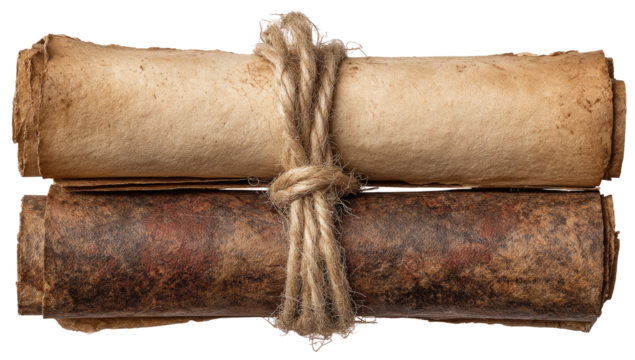 Two aged scrolls, tied with twine, layered and resting on a dark background.  The scrolls show varied,  aged,  and  toned  textures