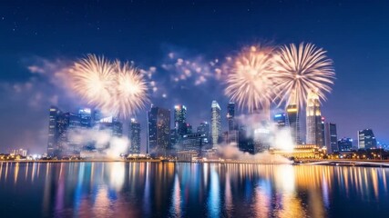 Singapore Skyline Fireworks Display: Night Celebration Over Water