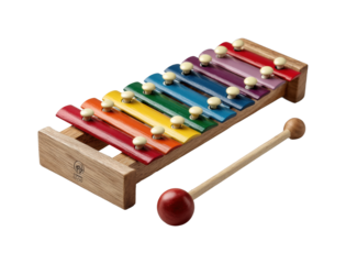 Colorful wooden xylophone with mallet isolated on transparent background, png