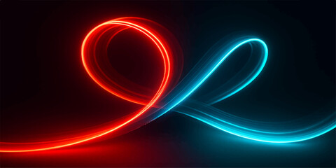 Abstract red background with glowing neon circles, a futuristic design of swirling lines and fractal patterns