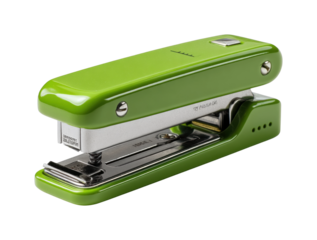 Green metal stapler with silver accents on white background isolated on transparent background, png
