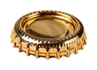Shiny golden metal bottle cap with ribbed edges isolated on transparent background, png