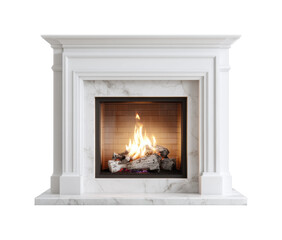 Elegant white marble fireplace with glowing fire and classic architectural design isolated on transparent background, png